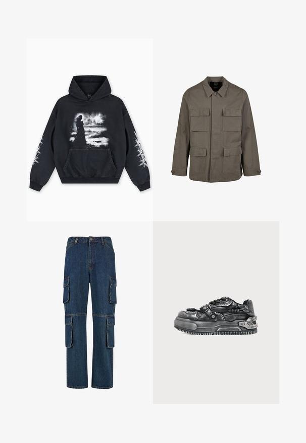 Khaki utilityjack in een katoenmix, met een rechte snit, twee borstzakken en knoopsluitingen op de mouwen. Soepele textuur en een minimalistisch ontwerp.; Zwarte hoodie met een voorkant bedrukking van een figuur tegen een bewolkte achtergrond. Voorzien van een kangoeroezak en sterpatronen op de mouwen.; Donkerblauwe denim cargobroek met meerdere zijzakken, rechte pijpdesign en contrasterende stiksels. Duurzame stof met een klassieke snit.; Stevige zwarte sneaker met een gestructureerde zool, veters aan de voorkant, decoratieve band en metalen details op een effen lichte achtergrond.