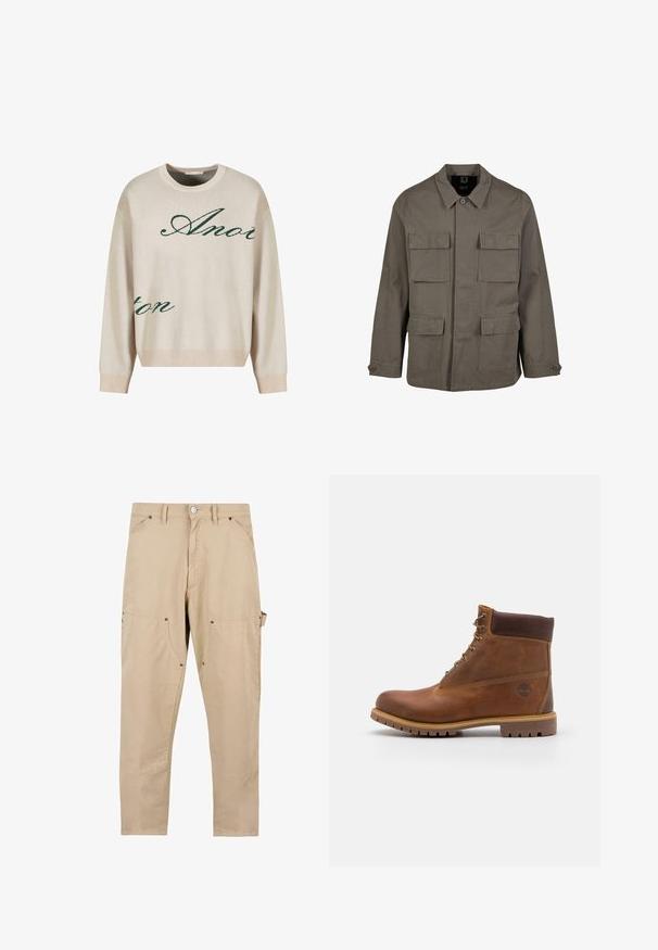 Khaki utilityjakke i bomuldsblanding, med lige snit, to brystlommer og knaplukninger på ærmerne. Glat tekstur og minimalistisk design.; Beige strikket sweater med grønne kursiverede bogstaver. Ribbet halsudskæring og manchetter, afslappet pasform, med blød tekstur.; Beige cargo bukser lavet af bomuld. Har flere lommer, lige pasform og knaplukning med metalhardware detaljer.; Brun læder vandrestøvle med en glat finish, polstret ankel, metalliske snørehuller og en gummisål med et robust dækmønster.