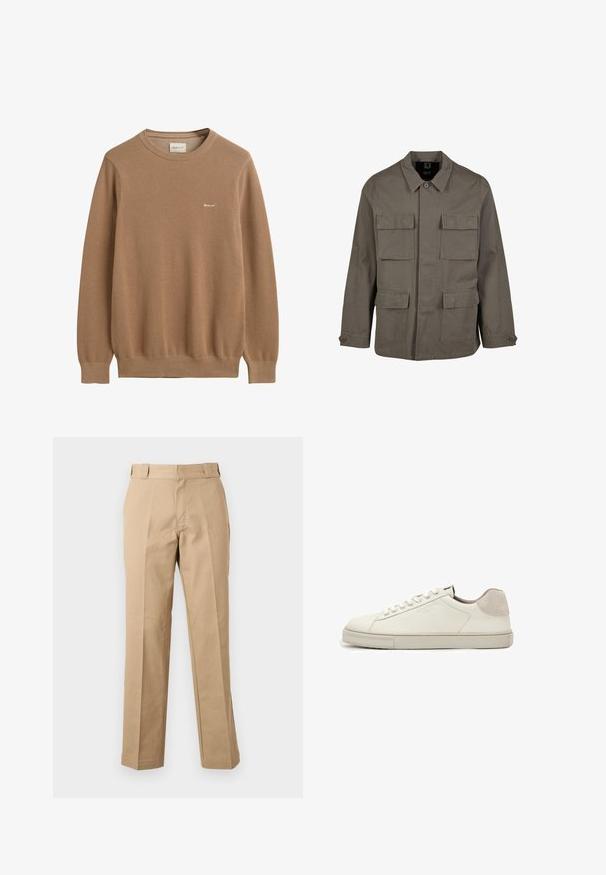 Veste utilitaire kaki en mélange de coton, avec une coupe droite, deux poches poitrine et des fermetures à boutons aux manches. Texture lisse et design minimal.; Pull en tricot brun avec un motif texturé, col rond et manches longues. Présente un petit logo brodé sur la poitrine.; Pantalon beige droit avec passants de ceinture, fermeture éclair à l'avant et plis marqués, présenté sur un fond blanc uni.; Baskets basses en cuir blanc avec lacets blancs, semelle légèrement texturée et patch en daim gris clair au talon, vue latérale.