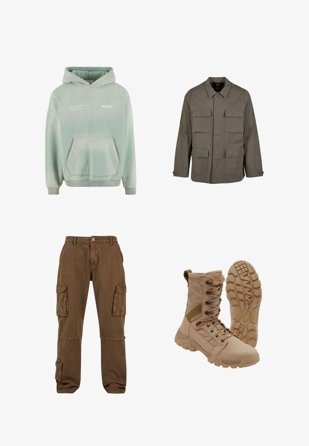 Khaki utilityjakke i bomuldsblanding, med lige snit, to brystlommer og knaplukninger på ærmerne. Glat tekstur og minimalistisk design.; Lys grøn hættetrøje med en lomme foran, ribbede manchetter og kant. Har hvidt trykt tekst på forsiden og en blød, struktureret overflade.; Brune cargobukser har en afslappet pasform, flere sidelommer og et slidstærkt stof med subtil tekstur. Lukket med en knap og lynlås.; Brun taktisk støvle med snørelukning i ankellængde og robust gummisål, en støvle står oprejst og den anden viser slidbanemønster.