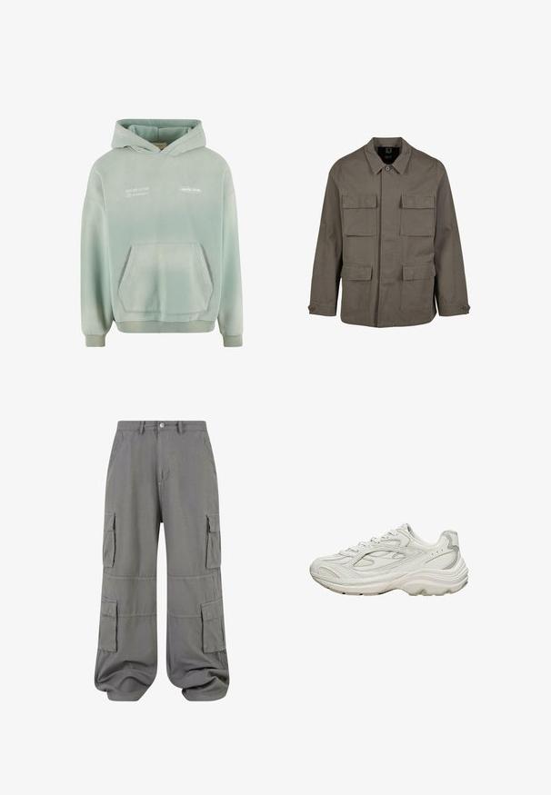 Khaki utilityjack in een katoenmix, met een rechte snit, twee borstzakken en knoopsluitingen op de mouwen. Soepele textuur en een minimalistisch ontwerp.; Lichtgroene hoodie met een buidelzak, geribbelde manchetten en zoom. Bevat witte bedrukte tekst op de voorkant en heeft een zachte, gestructureerde afwerking.; Grijze cargobroek van lichtgewicht stof, met twee zijzakken, twee cargozakken en een elastische zoom voor een ontspannen pasvorm.; Witte sneaker met een gestructureerd bovenwerk en een dikke zool. Kenmerken zijn onder andere gebogen lijnen, subtiele grijze accenten en een veterontwerp.