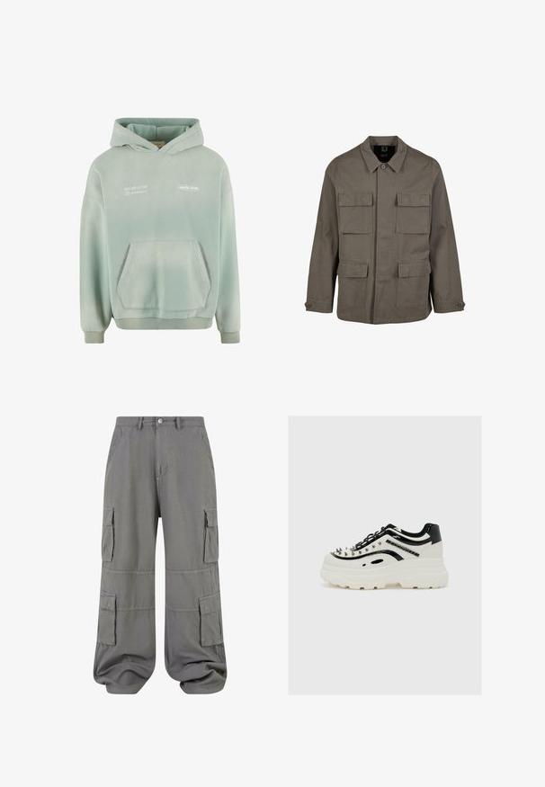 Khaki utilityjakke i bomuldsblanding, med lige snit, to brystlommer og knaplukninger på ærmerne. Glat tekstur og minimalistisk design.; Lys grøn hættetrøje med en lomme foran, ribbede manchetter og kant. Har hvidt trykt tekst på forsiden og en blød, struktureret overflade.; Grå cargo-bukser lavet af letvægtsstof, med to sidelommer, to cargo-lommer og en elastisk kant for en afslappet pasform.; Kraftig sneakers i hvidt og sort syntetisk materiale, med sølv spikes på tåen og en tyk hvid sål med tekstureret slidbane.
