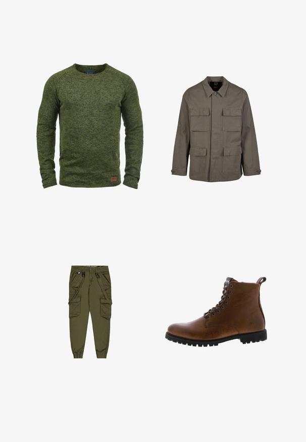 Chaqueta utilitaria color caqui en mezcla de algodón, con corte recto, dos bolsillos en el pecho y cierres de botón en las mangas. Textura suave y diseño minimalista.; Suéter verde hecho de tejido de punto texturizado, con cuello redondo, mangas largas y un pequeño parche de logo marrón en la parte inferior delantera.; Pantalones cargo verdes oliva con correas ajustables, múltiples bolsillos frontales, puños elásticos y una tela duradera. Presenta detalles en metal.; Botas de cuero marrón hasta el tobillo con acabado texturizado, ojales de metal y suela de goma negra con protuberancias. Presenta una lengüeta en la parte posterior para facilitar su uso.