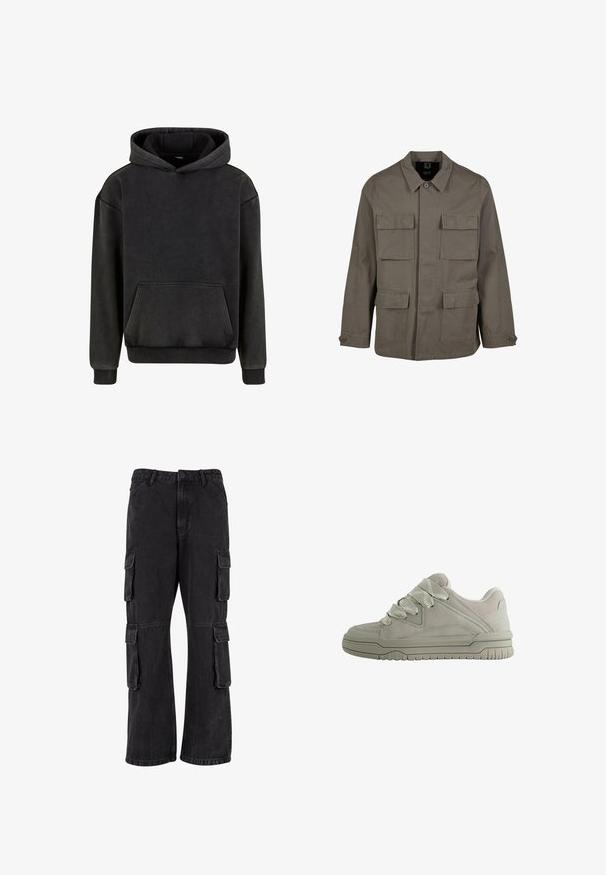 Khaki Utility-Jacke aus Baumwollmischung mit geradem Schnitt, zwei Brusttaschen und Knopfverschlüssen an den Ärmeln. Glatte Textur und minimalistisches Design.; Urban Classics Kapuzenpullover - magnet; Schwarze Cargo-Hosen aus Denim, mit lockerer Passform, mehreren Seitentaschen und genähten Details. Die Textur ist leicht verblasst.; Grau Sneaker mit niedrigem Schaft, dicken, strukturierten Schnürsenkeln, gepolstertem Kragen, genähten Einsätzen und einer profilierten Gummisohle für besseren Halt.