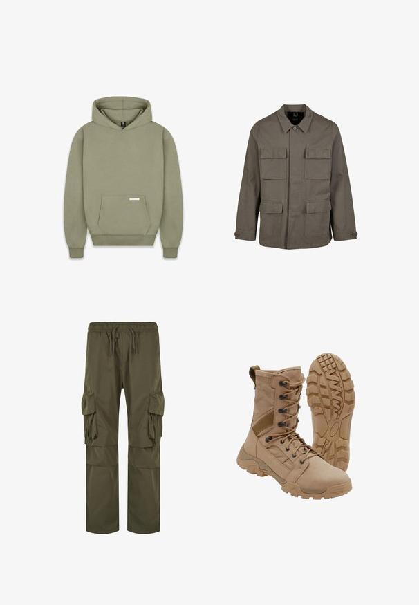 Veste utilitaire kaki en mélange de coton, avec une coupe droite, deux poches poitrine et des fermetures à boutons aux manches. Texture lisse et design minimal.; Sweat-shirt à capuche vert olive, avec des manches longues, une poche kangourou à l'avant, des poignets côtelés, et une petite étiquette sur la poche.; Pantalon cargo en vert olive, avec une taille élastique à cordon de serrage, de multiples poches latérales et une coupe ample avec des détails plissés.; Botte tactique beige avec un lacet montant à la cheville et une semelle en caoutchouc robuste, une botte debout et une montrant le motif de la semelle.