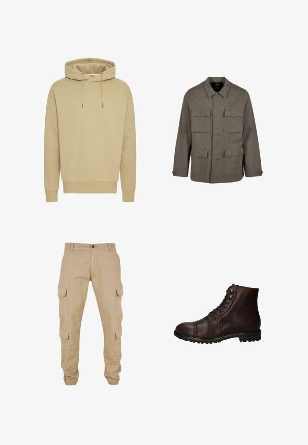Khaki utilityjakke i bomuldsblanding, med lige snit, to brystlommer og knaplukninger på ærmerne. Glat tekstur og minimalistisk design.; Khaki hættetrøje, blanding af bomuld, ribbede manchetter og kant, justerbare snore, glat tekstur, afslappet pasform, ingen synlige mønstre.; Khaki cargobukser lavet af bomuldsblanding. Har flere sidelommer, elastiske manchetter og lukning med knapper foran. Glat tekstur.; Mørkebrun læder snørebånd ankelstøvle med robuste gummisål og metaløjer, set fra den ydre side.