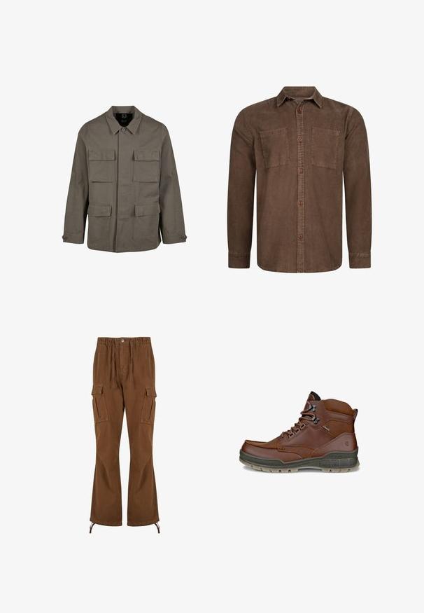 Khaki utilityjack in een katoenmix, met een rechte snit, twee borstzakken en knoopsluitingen op de mouwen. Soepele textuur en een minimalistisch ontwerp.; INDICODE JEANS THYGE - Overhemd - demitasse; Bruine cargobroek met een elastische tailleband, trekkoorddetails, twee zijzakken en bredere pijpen met verstelbare zoom.; Bruine leren enkellaars met zwarte veters, metalen veteroogjes, gevoerde kraag en gestructureerde donkergrijze zool, ontworpen voor gebruik buitenshuis.