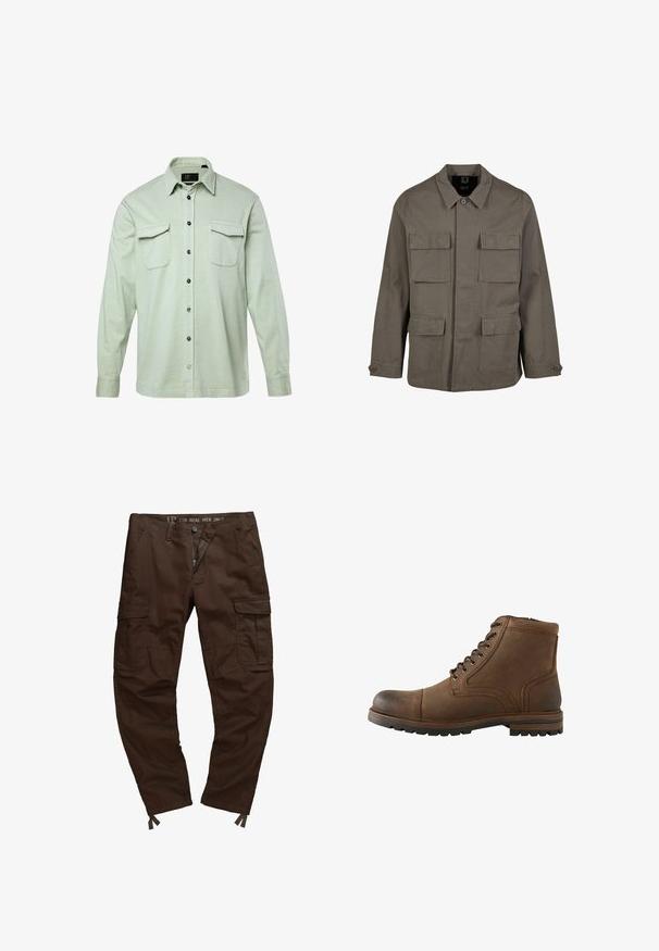 Khaki utilityjakke i bomuldsblanding, med lige snit, to brystlommer og knaplukninger på ærmerne. Glat tekstur og minimalistisk design.; Lys grøn langærmet skjorte med knapfront, to brystlommer og sorte knapper. Fremstillet af tekstureret stof, med foldet krave og manchetter.; Brune cargo bukser med lynlås, knaplukning og flere sidelommer; lavet af slidstærkt stof med justerbare manchetter ved anklerne.; Brun læderankelstøvle med snørelukning foran og robust sål, designet til casual eller udendørs brug.