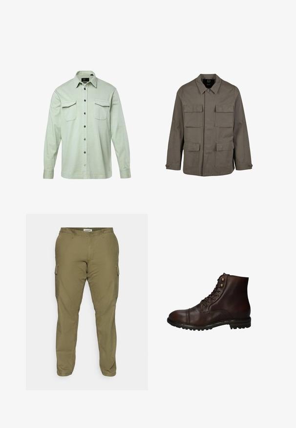 Khaki utilityjakke i bomuldsblanding, med lige snit, to brystlommer og knaplukninger på ærmerne. Glat tekstur og minimalistisk design.; Lys grøn langærmet skjorte med knapfront, to brystlommer og sorte knapper. Fremstillet af tekstureret stof, med foldet krave og manchetter.; Olivengrøn cargo bukser lavet af bomuldsblanding, med sidelommer, bæltestropper og lige ben design. Glat tekstur.; Mørkebrun læder snørebånd ankelstøvle med robuste gummisål og metaløjer, set fra den ydre side.
