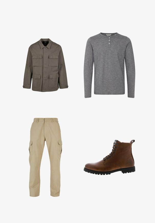 Khaki Utility-Jacke aus Baumwollmischung mit geradem Schnitt, zwei Brusttaschen und Knopfverschlüssen an den Ärmeln. Glatte Textur und minimalistisches Design.; Graues Langarm-Henley-Shirt aus weichem Stoff, mit Rundhalsausschnitt, drei Knöpfen an der Vorderseite und subtiler Textur.; Beige Cargo-Hosen aus Baumwolltwill mit mehreren Seitentaschen, geradem Bein Design und einem Reißverschluss mit Gürtelschlaufen.; Braune Lederstiefeletten mit strukturiertem Finish, metallischen Ösen und schwarzer Gummisohle. Mit Zuglasche hinten für einfaches An- und Ausziehen.