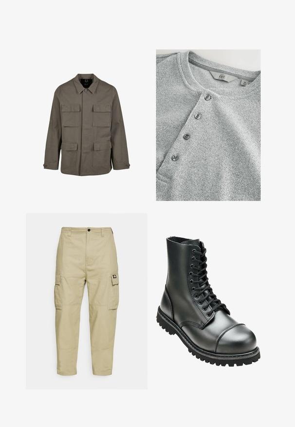 Khaki utilityjakke i bomuldsblanding, med lige snit, to brystlommer og knaplukninger på ærmerne. Glat tekstur og minimalistisk design.; Grå strikket langærmet skjorte med rund halsudskæring, fem knaplukninger, ribbet tekstur og slank pasform. Etiketten angiver størrelse M.; Beige cargo bukser lavet af slidstærkt stof, med to sidelommer, knaplukning og smalle ben med en glat overflade.; Sort læderkampstøvle med høj ankel, rund tå, snørebånd foran og robust gummisål med dybe mønstre for godt greb.