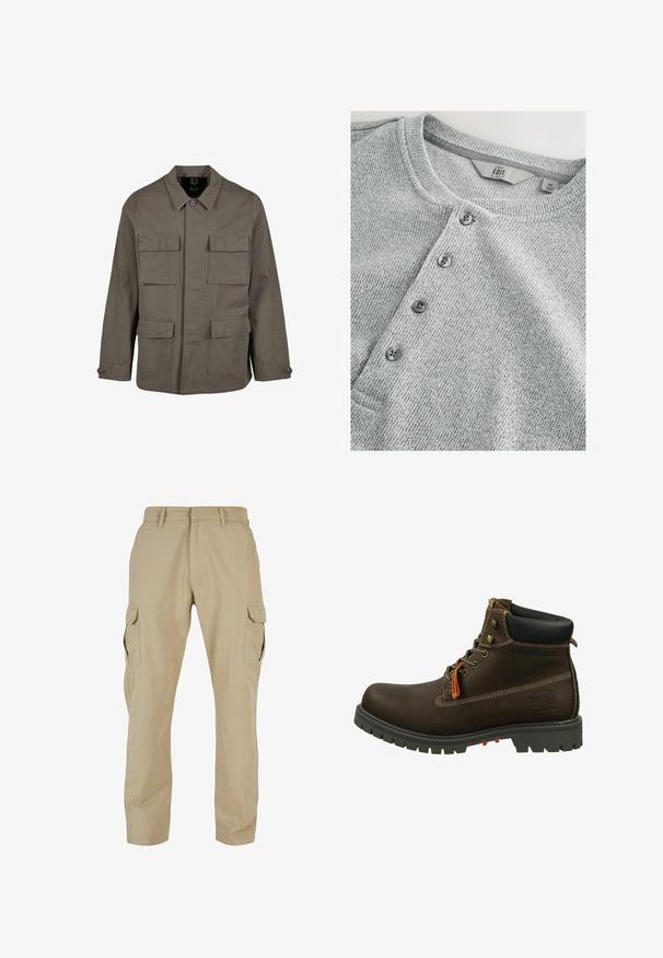 Khaki Utility-Jacke aus Baumwollmischung mit geradem Schnitt, zwei Brusttaschen und Knopfverschlüssen an den Ärmeln. Glatte Textur und minimalistisches Design.; Graues, gestricktes Langarmshirt mit Rundhalsausschnitt, fünf Knöpfen, gerippter Textur und schlankem Schnitt. Das Etikett zeigt Größe M an.; Beige Cargo-Hosen aus Baumwolltwill mit mehreren Seitentaschen, geradem Bein Design und einem Reißverschluss mit Gürtelschlaufen.; Dockers by Gerli Schnürstiefelette - schoko