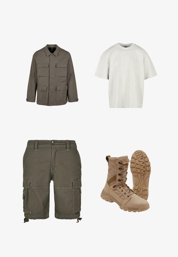 Khaki utilityjakke i bomuldsblanding, med lige snit, to brystlommer og knaplukninger på ærmerne. Glat tekstur og minimalistisk design.; Lys grå bomulds t-shirt med korte ærmer, rund hals og en afslappet pasform. Stof overfladen er blød og let struktureret.; Oliven grønne cargo-shorts lavet af slidstærkt stof, med flere sidelommer, bæltestropper og syede detaljer for ekstra struktur.; Brun taktisk støvle med snørelukning i ankellængde og robust gummisål, en støvle står oprejst og den anden viser slidbanemønster.