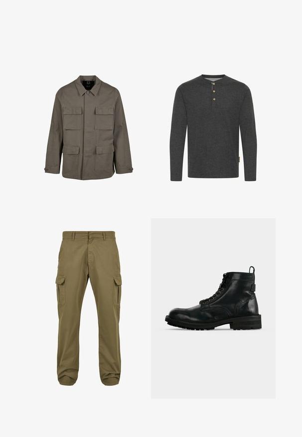 Veste utilitaire kaki en mélange de coton, avec une coupe droite, deux poches poitrine et des fermetures à boutons aux manches. Texture lisse et design minimal.; Chemise à manches longues gris foncé en tissu doux, dotée d'un col henley avec trois boutons en bois et d'une étiquette sur le côté.; Pantalons cargo verts avec une coupe droite, en coton, dotés de poches latérales et d'une fermeture à bouton pour plus de fonctionnalité. Texture lisse, design décontracté.; Bottine à lacets en cuir noir avec semelle épaisse et languette à l’arrière, vue de profil sur fond blanc.