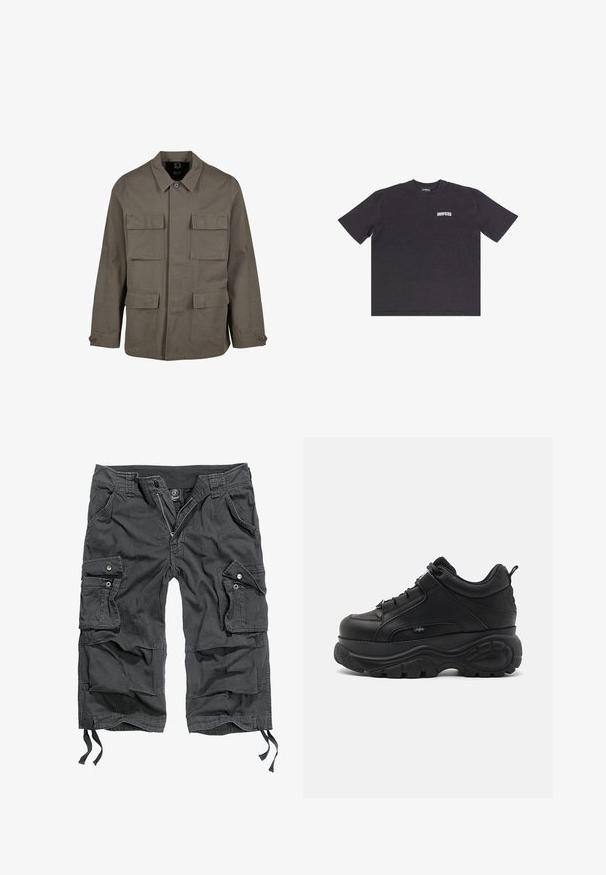 Khaki Utility-Jacke aus Baumwollmischung mit geradem Schnitt, zwei Brusttaschen und Knopfverschlüssen an den Ärmeln. Glatte Textur und minimalistisches Design.; Schwarzes Baumwoll-T-Shirt im Oversized-Stil mit kurzen Ärmeln, rundem Ausschnitt und weißem "DROPSIZE"-Text auf der Vorderseite. Glatte Textur, lässiges Design.; Schwarze Cargo-Shorts aus Baumwolle, mit mehreren seitlichen Taschen, einem Reißverschluss, verstellbaren Kordeln am Saum und einer lockeren Passform.; Schwarze Leder-Chucksneaker mit dicker Gummisohle, schlankem Design und strukturierten Akzenten. Verfügt über Schnürsenkel und eine Zuglasche an der Ferse.