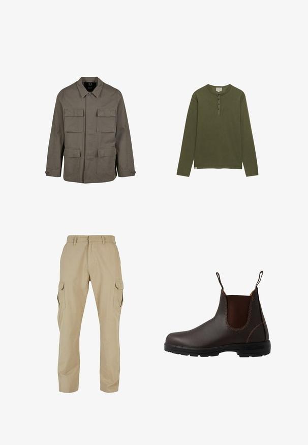 Khaki utilityjakke i bomuldsblanding, med lige snit, to brystlommer og knaplukninger på ærmerne. Glat tekstur og minimalistisk design.; Langærmet olivengrøn henleytrøje med fire sorte knapper og rund halsudskæring, vist på hvid baggrund.; Beige cargo bukser lavet af bomulds twill, med flere sidelommer, lige ben design og lynlås med bæltestropper.; Brun læder Chelsea-støvle med elastisk sidepanel, brun syning, trækstropper og en holdbar gummisål med et tekstureret mønster.