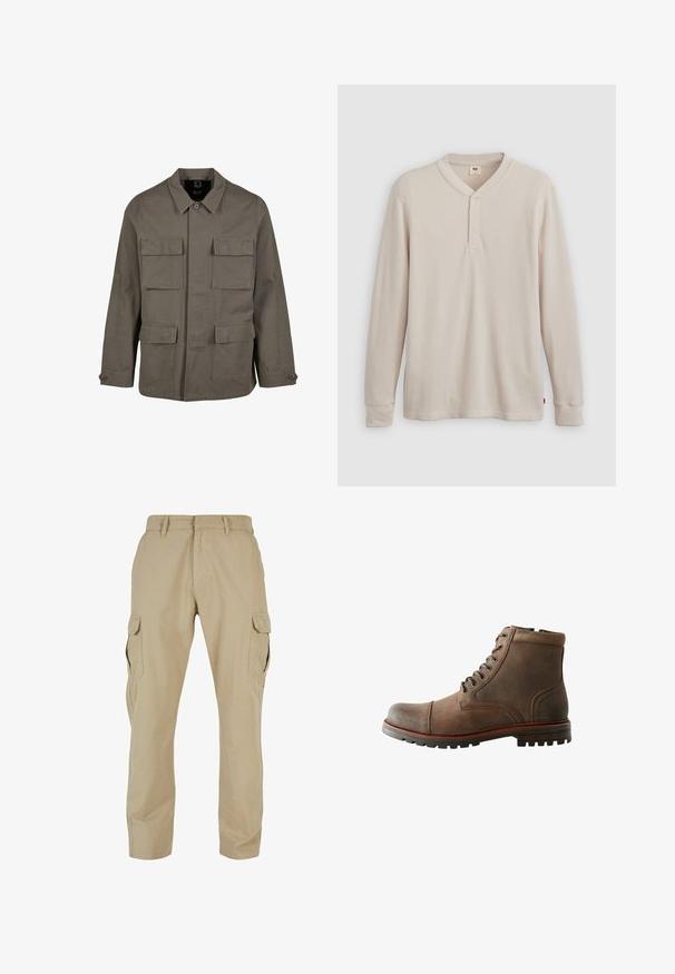 Khaki utiliidisjakker puuvillasegust, sirge lõikega, kahe rinna-tasku ja nööbiga mansettidega. Sile tekstuur ja minimaalne disain.; Pikad varrukad henley särk heledast beežist ribakudumist, millel on V-kaelus, kolme nupuga sulgemine ja kollased varrukad. Punane logo sildike ääres.; Beige cargo püksid, mis on valmistatud puuvillast twill-kangast, mitmete küljetaskutega, sirge jala disainiga ja lukuga põhipaela ning vöökandjatega.; Pruun nahast pahkluu saabas ümarate varvastega, pehmendatud kraega, kuue silmaga nöörimisega ja tekstureeritud kummitald. Õmblusega aktsendid külgedel.