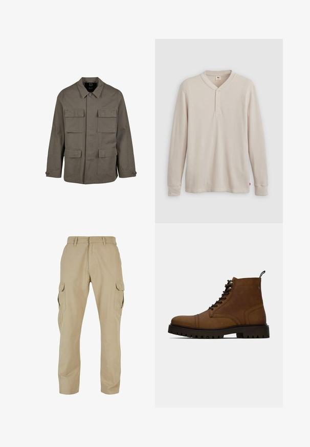 Khaki utiliidisjakker puuvillasegust, sirge lõikega, kahe rinna-tasku ja nööbiga mansettidega. Sile tekstuur ja minimaalne disain.; Pikad varrukad henley särk heledast beežist ribakudumist, millel on V-kaelus, kolme nupuga sulgemine ja kollased varrukad. Punane logo sildike ääres.; Beige cargo püksid, mis on valmistatud puuvillast twill-kangast, mitmete küljetaskutega, sirge jala disainiga ja lukuga põhipaela ning vöökandjatega.; Pruuni nahast sidumisega pahkluusaapad paksu musta rakendusepidisega tallaga ja tõmbenööbiga valge taustal.