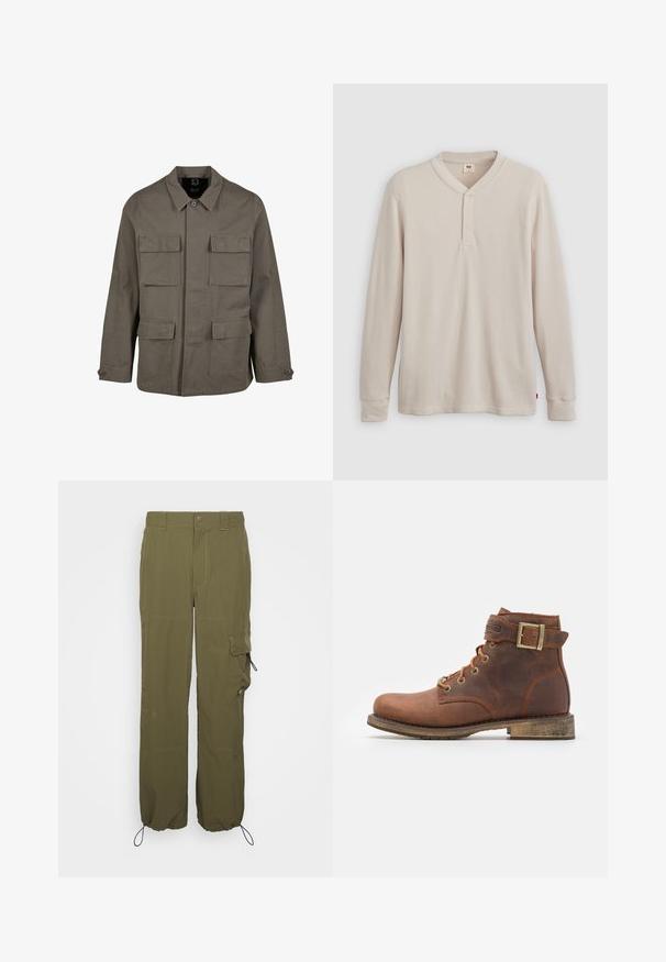 Khaki utilityjakke i bomuldsblanding, med lige snit, to brystlommer og knaplukninger på ærmerne. Glat tekstur og minimalistisk design.; Langærmet henley-skjorte i lys beige ribbet stof, med V-hals, tre-knap placket og manchetter ved ærmerne. Rød logo-tags ved kanten.; Olivenfarvede cargo-bukser lavet af letvægtsstof. Funktioner inkluderer knaplukning, sidelommer og justerbare manchetter med snore.; Harley Davidson VNTGMOTO SHORT RIDING APPROVED - Cowboy- / bikerstøvlette - brown