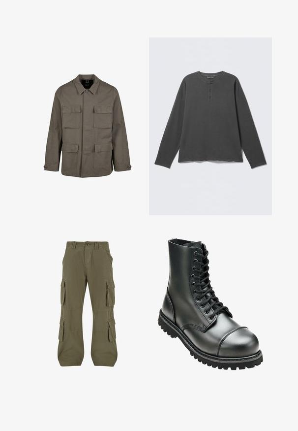 Veste utilitaire kaki en mélange de coton, avec une coupe droite, deux poches poitrine et des fermetures à boutons aux manches. Texture lisse et design minimal.; Chemise henley à manches longues gris foncé avec un col rond et trois boutons sur la patte de boutonnage avant.; Pantalons cargo en vert olive. Fabriqués en coton, comportant plusieurs poches latérales, une coupe droite et des détails de couture visibles.; Botte de combat en cuir noir avec une tige haute, bout rond, laçage sur le devant et semelle en caoutchouc robuste avec un profil de crantage profond pour une meilleure adhérence.