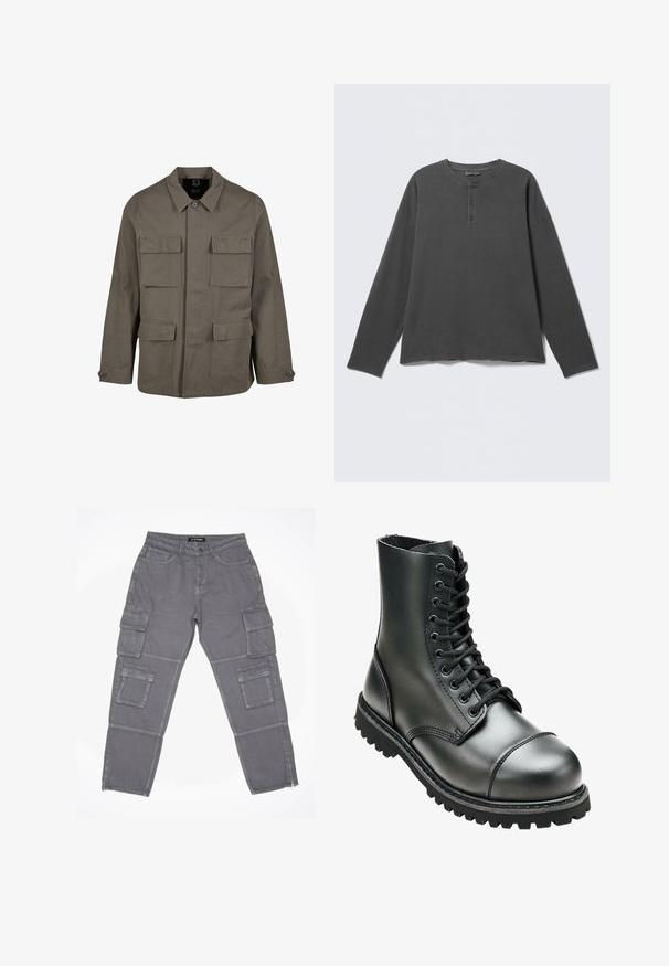 Khaki utilityjakke i bomuldsblanding, med lige snit, to brystlommer og knaplukninger på ærmerne. Glat tekstur og minimalistisk design.; Mørkegrå langærmet henley-shirt med rund halsudskæring og tre knapper på frontpladen.; Grå cargo bukser med et let struktureret stof, der har flere sidelommer, en lynlåslukning i kanten og en knaplukning i livet.; Sort læderkampstøvle med høj ankel, rund tå, snørebånd foran og robust gummisål med dybe mønstre for godt greb.