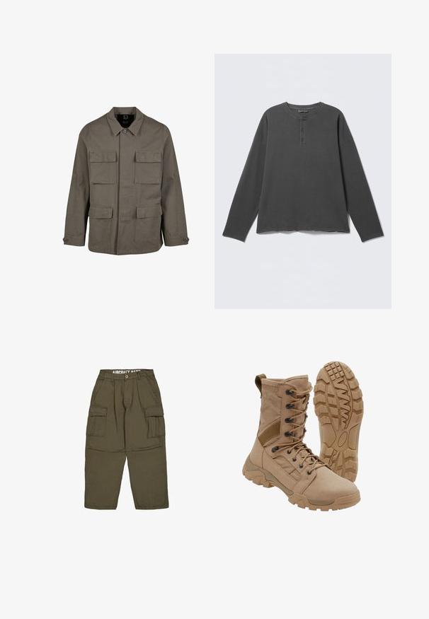 Khaki utilityjakke i bomuldsblanding, med lige snit, to brystlommer og knaplukninger på ærmerne. Glat tekstur og minimalistisk design.; Mørkegrå langærmet henley-shirt med rund halsudskæring og tre knapper på frontpladen.; Olivengrønne cargobukser med knap- og lynlåslukning, bæltestropper og to store klaplommer på lårene.; Brun taktisk støvle med snørelukning i ankellængde og robust gummisål, en støvle står oprejst og den anden viser slidbanemønster.
