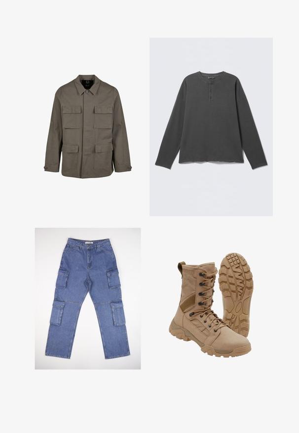 Khaki Utility-Jacke aus Baumwollmischung mit geradem Schnitt, zwei Brusttaschen und Knopfverschlüssen an den Ärmeln. Glatte Textur und minimalistisches Design.; Dunkelgraues Langarm-Henley-Shirt mit rundem Ausschnitt und drei Knöpfen an der vorderen Blende.; Blaue Denim-Cargo-Hosen mit mehreren Seitentaschen, einem geraden Beindesign und einem klassischen Bund. Der Stoff hat eine leicht strukturierte Textur und ist leicht ausgebleicht.; Brauner taktischer Stiefel mit schnürbarem Knöchel-Design und robuster Gummisohle, ein Stiefel steht aufrecht, der andere zeigt das Profil der Sohle.