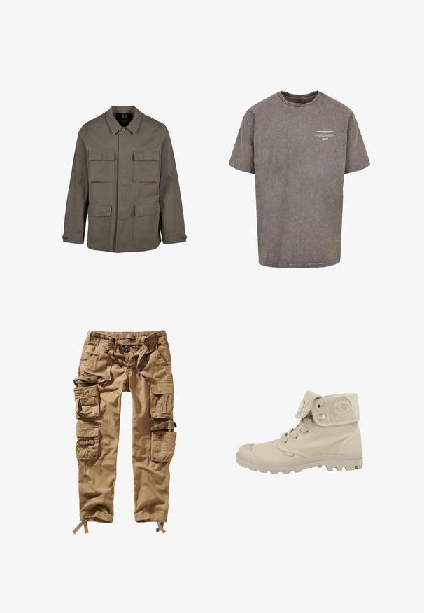 Khaki utilityjack in een katoenmix, met een rechte snit, twee borstzakken en knoopsluitingen op de mouwen. Soepele textuur en een minimalistisch ontwerp.; Grijze oversized katoenen T-shirt met een ronde hals, korte mouwen, verouderde textuur en witte bedrukte tekst op de voorkant.; Kaki cargobroek gemaakt van katoen, met meerdere zakken, verstelbare boorden en een waistband met trekkoorden voor een stevige pasvorm.; Beige mid-top laarzen van canvas, met een ronde neus, rubberen zool met grip, vetersluiting en een klep met een logo-detail.