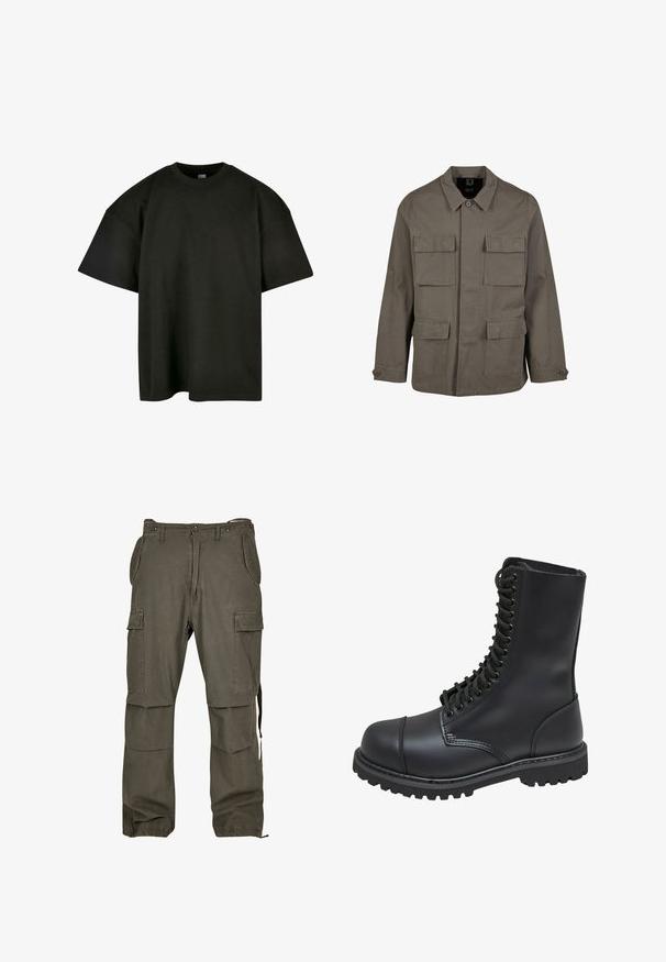 Khaki utilityjakke i bomuldsblanding, med lige snit, to brystlommer og knaplukninger på ærmerne. Glat tekstur og minimalistisk design.; Sort oversized t-shirt i blød bomuld. Har en rund crew neckline og korte ærmer, med en glat tekstur og minimalistisk design.; Olivengrønne cargo bukser lavet af bomuld med flere lommer, lige pasform og justerbare ankelmanchetter. Har forstærkede sømme for holdbarhed.; Sort læder kampstøvle med høj skaft, snørebånd foran, polstret krave og en robust tekstureret sål for godt greb. Har forstærket tåhætte.