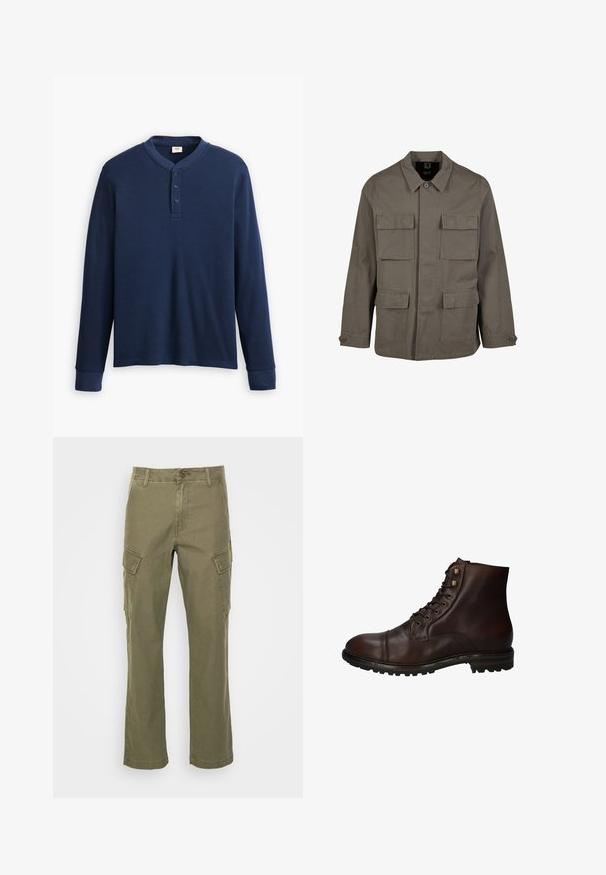 Khaki utilityjakke i bomuldsblanding, med lige snit, to brystlommer og knaplukninger på ærmerne. Glat tekstur og minimalistisk design.; Langærmet marineblå henley-skjorte lavet af ribbet stof. Har en rund halsudskæring og tre knaplukning. Ærmerne er tætsiddende.; Olivengrøn cargo bukser lavet af bomuld. Funktioner inkluderer to sidelommer og et lige ben design. Glat tekstur med synlige sømme.; Mørkebrun læder snørebånd ankelstøvle med robuste gummisål og metaløjer, set fra den ydre side.