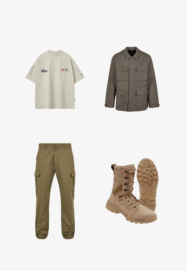 Veste utilitaire kaki en mélange de coton, avec une coupe droite, deux poches poitrine et des fermetures à boutons aux manches. Texture lisse et design minimal.; T-shirt oversize beige à manches courtes, avec le texte « another » et trois petits patchs colorés sur le devant.; Pantalons cargo verts avec une coupe droite, en coton, dotés de poches latérales et d'une fermeture à bouton pour plus de fonctionnalité. Texture lisse, design décontracté.; Botte tactique beige avec un lacet montant à la cheville et une semelle en caoutchouc robuste, une botte debout et une montrant le motif de la semelle.