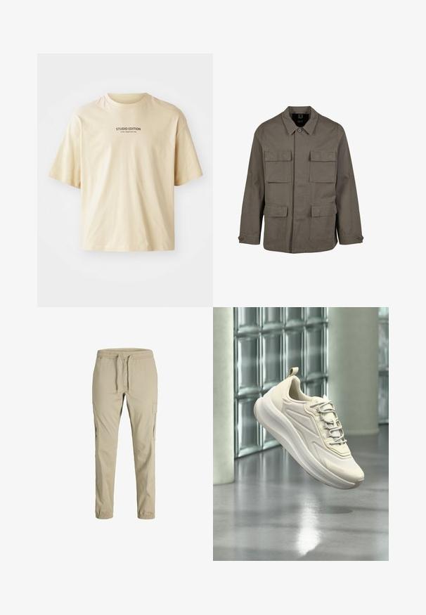 Khaki utilityjack in een katoenmix, met een rechte snit, twee borstzakken en knoopsluitingen op de mouwen. Soepele textuur en een minimalistisch ontwerp.; Beige katoenen t-shirt met een ronde hals, korte mouwen en de tekst "STUDIO EDITION" in zwarte print over de borst.; Beige slim-fit cargobroek met elastische tailleband, trekkoord, zijzakken en elastische boorden.; Witte atletische sneaker met veters die boven een glanzende vloer zweeft, een glazen blokmuur en betonnen zuilen in een moderne binnensituatie.