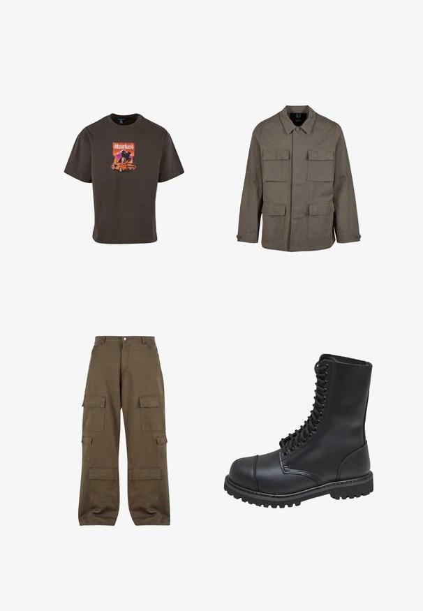 Khaki utilityjack in een katoenmix, met een rechte snit, twee borstzakken en knoopsluitingen op de mouwen. Soepele textuur en een minimalistisch ontwerp.; Donkerbruin katoenen T-shirt met een grafische print van een auto en het woord "Markt" in levendige kleuren, met een relaxte pasvorm en korte mouwen.; Olijfgroene katoenen cargobroek, voorzien van meerdere zijzakken, een knoopsluiting en een ontspannen pasvorm.; Zwarte leren gevechtslaars met een hoge schacht, vetersluiting aan de voorkant, gewatteerde kraag en een stevige, gestructureerde zool voor grip. Bevat een versterkte neus.