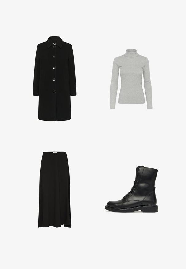Sort uldfrakke i knælang længde med lange ærmer, spidse krave, frontlukning med fem knapper og to sidelommer.; Grå turtleneck sweater lavet af ribbet stof, med lange ærmer og en tætsiddende pasform, med en høj hals og minimal detaljer.; Sort, knælang nederdel lavet af blødt stof med en glat tekstur, der har en elastisk talje og en flydende silhuet.; Sort læderankelstøvle med glat tekstur, rund tå, snørebånd foran og solid sål. Har et netområde øverst for ventilation.