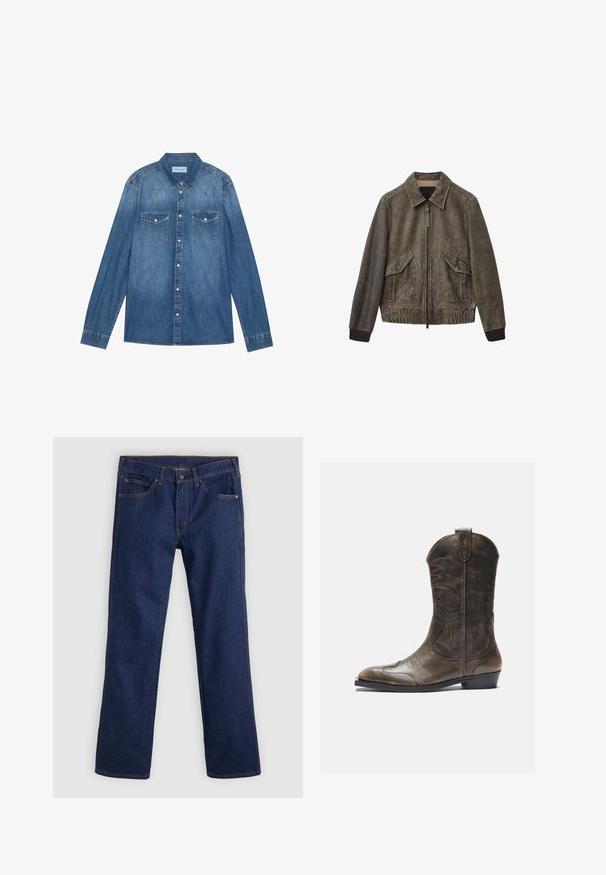 Læderbomberjakke i dæmpet olivengrøn, med lynlåslukning foran, store sidelommer, ribstrikkede manchetter og klassisk kravedesign.; Mørkeblå denimskjorte med lange ærmer, klassisk krave, knaplukning fortil, to brystlommer og kontrasterende stiklinger på sømmene.; Mørkeblå straight-leg jeans med fem lommer, knap- og lynlåslukning, samt orange syninger på en lys baggrund.; Brune læder cowboystøvle med en høj skaft, spids tå, intrikate syning mønstre og en lille hæl. Struktureret finish hele vejen igennem.