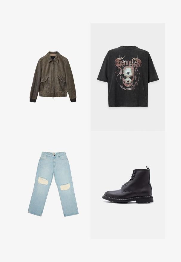 Leather bomber jacket in muted olive green, featuring a zip front, large side pockets, ribbed cuffs, and a classic collar design.; Black oversized t-shirt with a faded graphic of a face wearing a spiked collar and gothic text above it.; Light blue denim jeans with high waist, straight legs, and distressed patches on both thighs.; Black leather lace-up ankle boot with thick sole and pull tab on the back, shown in side profile on a white background.