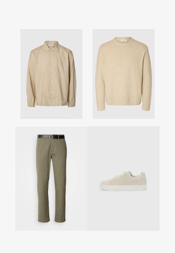 Beige langærmet skjorte med knapper, elastiske manchetter, spredt krave og afslappet pasform vist på en ensartet lys grå baggrund.; Cremefarvet sweater lavet af tekstureret stof. Har en ribbet rund halsudskæring og ribbede mansjetter, med en afslappet pasform og lange ærmer.; Olivengrønne lige ben bukser lavet af bomuld, med et sort læderbælte, synlig søm og sidelommer.; Beige lavt snøresko med snørebånd foran og tyk hvid gummisål på en ensfarvet lysegrå baggrund.