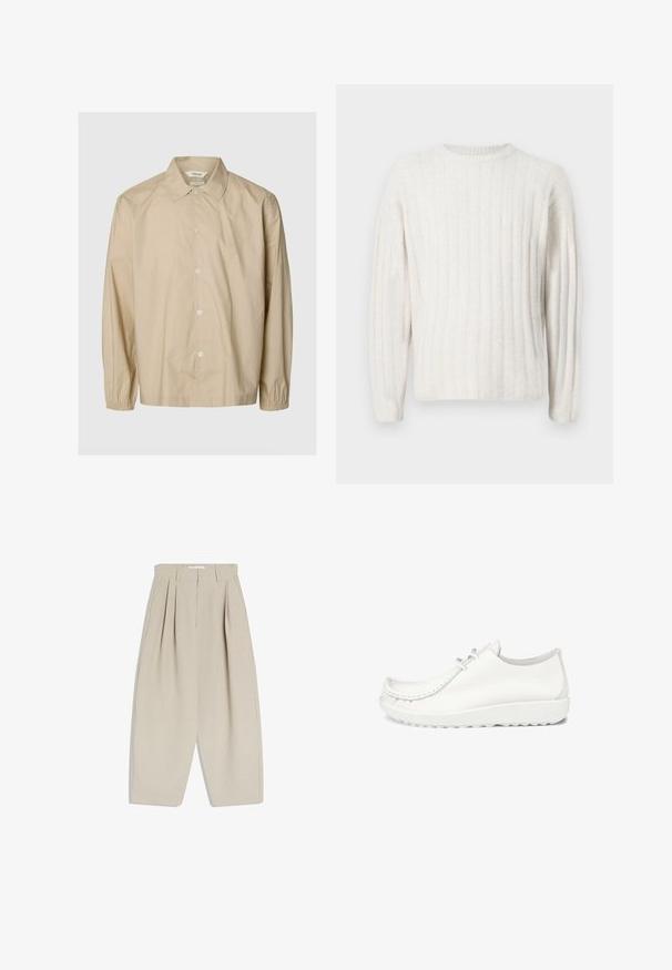 Beiges langärmeliges Hemd mit Knöpfen, elastischen Bündchen, offenem Kragen und lockerer Passform, auf einem schlichten hellgrauen Hintergrund dargestellt.; Cremefarbener Pullover mit geripptem Muster, rundem Halsausschnitt und langen Ärmeln. Weicher Stoff mit lockerer Passform.; Beige Hosen mit weitem Bein und hoher Taille, mit vorderen Falten, einem Knopfverschluss und einer glatten Textur. Keine Taschen sichtbar.; Weiße Lederschuhe mit runder Zehenpartie, genähten Details und einer leichten weißen Sohle. Verfügt über zwei Ösen für die Schnürsenkel.