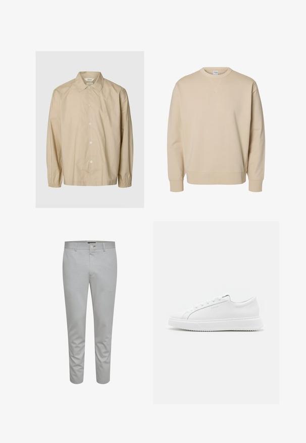 Camisa beige de manga larga con botones, puños elásticos, cuello abierto y un corte relajado, presentada sobre un fondo liso gris claro.; Sudadera beige con cuello redondo, mangas largas, puños y bajo acanalados, y un pequeño detalle en forma de V cosido debajo del cuello.; Pantalones ajustados de color gris claro con una textura suave, que cuentan con un cierre de botón, trabillas para cinturón y bolsillos frontales. Diseño recortado a la altura del tobillo.; Zapatillas blancas hechas de material sintético suave. Presentan un diseño de caña baja, suela blanca elevada, punta redondeada y cordones en la parte frontal con cinco ojetes.