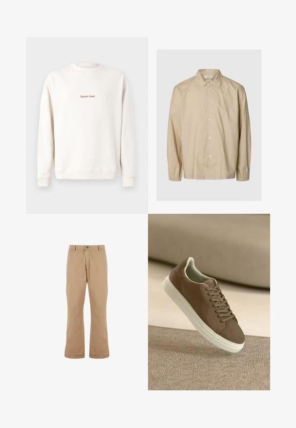 Beige langærmet skjorte med knapper, elastiske manchetter, spredt krave og afslappet pasform vist på en ensartet lys grå baggrund.; Cremefarvet sweatshirt med ribbet rund hals og manchetter. Har lille, gul "Original Studio" broderi på brystet. Blød tekstur.; Beige bomuldsbukser med lige pasform, der har knaplukning, forlommer og en glat tekstur.; Brune ruskinds sneakers med en glat tekstur, snørebåndsdesign og hvid gummisål. Har en rund tå og strømlinet form.
