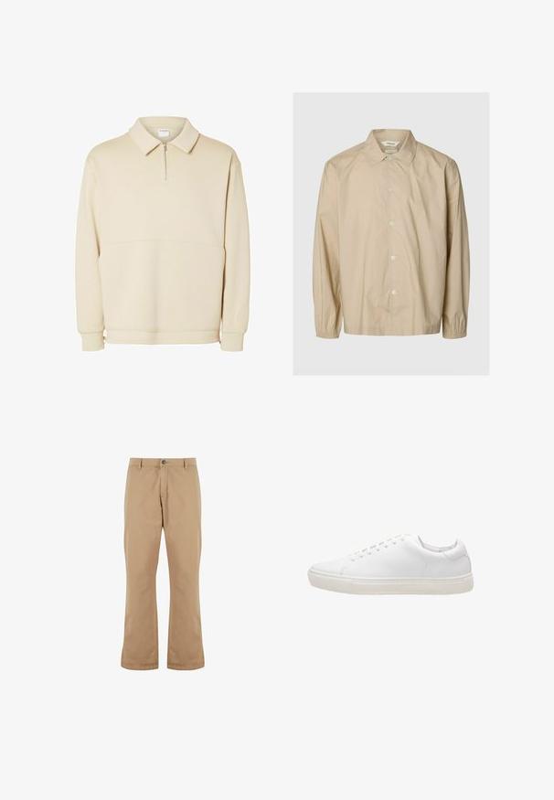 Beige langærmet skjorte med knapper, elastiske manchetter, spredt krave og afslappet pasform vist på en ensartet lys grå baggrund.; Beige pullover sweatshirts lavet af blødt stof, med lynlås i halsen, krave og en afslappet pasform med en simpel vandret sømdetalje.; Beige bomuldsbukser med lige pasform, der har knaplukning, forlommer og en glat tekstur.; Hvide lædersneakers med en glat overflade, rund tå, snørebåndslukning og flad gummisål. Minimalistisk design uden synlige mønstre.