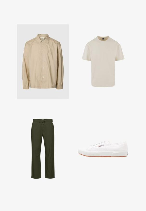 Beiges langärmeliges Hemd mit Knöpfen, elastischen Bündchen, offenem Kragen und lockerer Passform, auf einem schlichten hellgrauen Hintergrund dargestellt.; Urban Classics LOOSE TEE - T-Shirt basic - whitesand; Olivegrüne Hose mit Kordelzugbund, geradem Bein, weicher Stoffstruktur und einem dezenten Logotag vorne.; Weiße Leinensneaker mit Gummisohle, Schnürdesign und einem kleinen Logolabel an der Seite. Strukturierte weiße Oberseite und braune Außensohle.