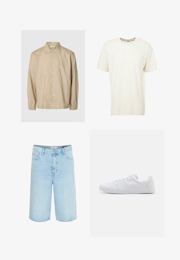 Beiges langärmeliges Hemd mit Knöpfen, elastischen Bündchen, offenem Kragen und lockerer Passform, auf einem schlichten hellgrauen Hintergrund dargestellt.; Kurzärmliges T-Shirt mit Rundhalsausschnitt in hellcreme Farbe. Hergestellt aus weichem Baumwollmaterial mit einer lockeren Passform und minimalen Nähten.; Hellblaue Jeansshorts mit entspannter Passform, fünf Taschen-Design, einfache Knopfverschluss und Kontrastnähte entlang der Nähte.; Weiße Leinenschuhe mit Gummisohle, ausgestattet mit sechs Ösen, einer strukturierten Zehenkappe und minimalistischer Gestaltung.