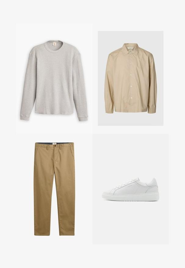 Camisa beige de manga larga con botones, puños elásticos, cuello abierto y un corte relajado, presentada sobre un fondo liso gris claro.; Suéter de punto gris de manga larga con textura acanalada, cuello redondo y dobladillo recto. Los puños son ajustados y están hechos de una tela suave.; Pantalones de algodón color caqui con corte recto, que cuentan con bolsillos laterales, cierre de botón y una tela texturizada.; Zapatilla de cuero blanco con una textura suave, punta redonda, diseño de perfil bajo y un logo sutil en el lateral. Cuello acolchado y cordones.
