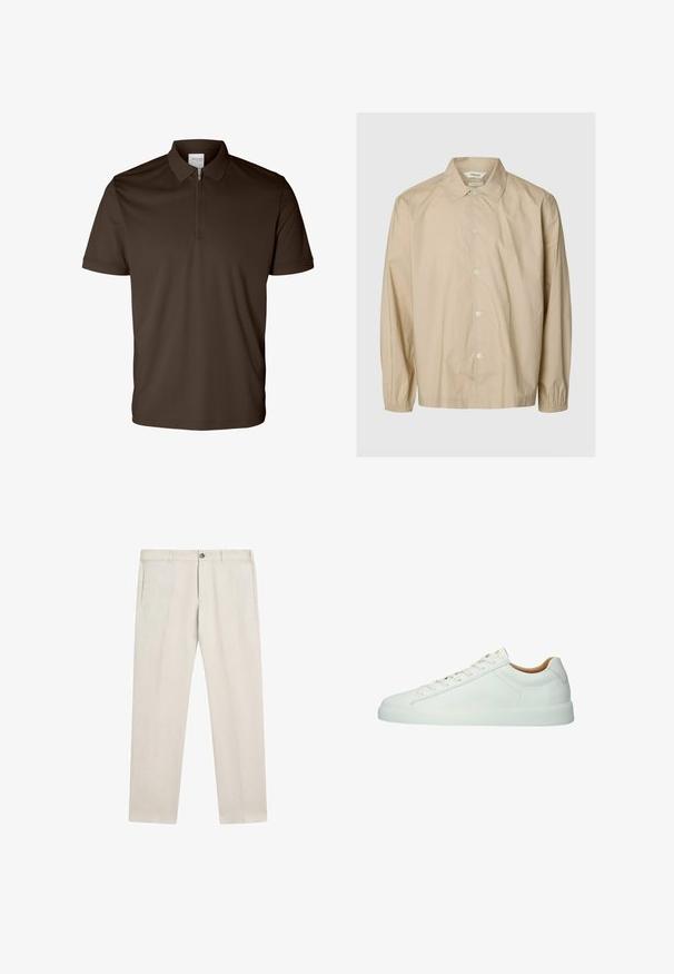 Beige langærmet skjorte med knapper, elastiske manchetter, spredt krave og afslappet pasform vist på en ensartet lys grå baggrund.; Mørkebrun polo med korte ærmer, krave og halv lynlås foran, vist på hvid baggrund.; Beige bukser med lige ben, bæltestropper, lynlås, knaplukning og sidelommer, vist fladt på en hvid baggrund.; Lavtop hvid læder sneaker med hvide snørebånd, diskrete syninger og en flad gummisål, vist fra siden på en hvid baggrund.