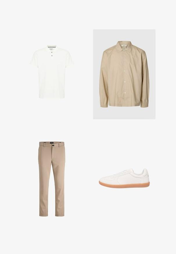 Beige overhemd met lange mouwen en knopen, elastische manchetten, een spreidkraag en een losse pasvorm, afgebeeld op een effen lichtgrijze achtergrond.; Witte polo shirt van katoen, met een klassieke kraag, korte mouwen en een drie-knopenpaneel met donkerblauwe knoppen.; Beige slim-fit casual broek met riemlussen, knoop aan de voorkant en ritssluiting, weergegeven tegen een witte achtergrond.; Witte lage sneaker met rubberen zool en witte veters, gezien van opzij op een effen achtergrond.