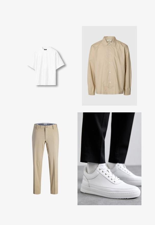Beige overhemd met lange mouwen en knopen, elastische manchetten, een spreidkraag en een losse pasvorm, afgebeeld op een effen lichtgrijze achtergrond.; Effen wit oversized T-shirt met korte mouwen en een ronde hals, met een zwart label aan de binnenkant van de achterkant van de kraag, getoond op een lichte achtergrond.; Beige chino's met een recht model, voorzien van een knoopsluiting en riemlussen. Gladde textuur, zonder opvallende patronen of accenten.; Witte leren sneakers met een platte rubberen zool, met een soepele afwerking, ronde neus en metalen oogjes voor de veters. Draag ze met een zwarte broek.