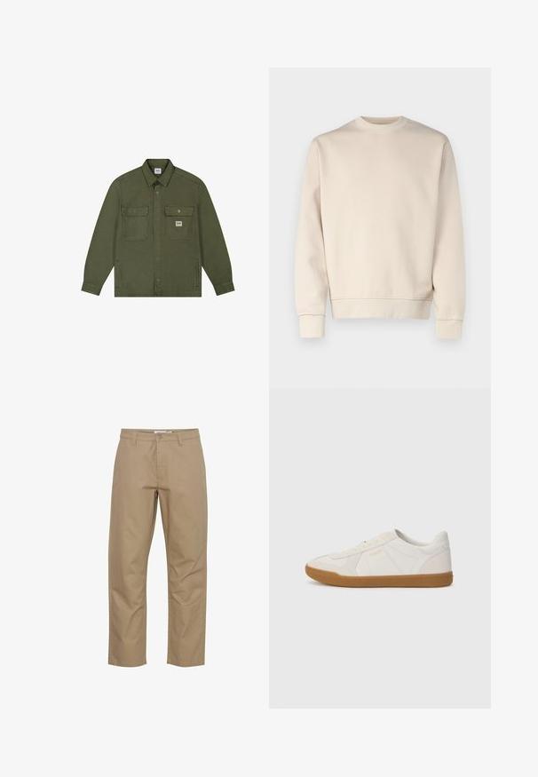 Lee WORKWEAR OVERSHIRT - Spijkerjas - oak moss; Lichtbeige sweatshirt met ronde hals, geribde manchetten en zoom. Gemaakt van zachte stof met een gladde textuur. Minimalistisch ontwerp, zonder patronen.; Beige katoenen broek met een rechte pijp, voorzien van een knoop- en ritsluiting aan de voorkant, zijzakken en een nette afwerking.; Witte sneaker gemaakt van glad leer met een gumrubberen zool, voorzien van eenvoudige stiksels en een klein gouden logo aan de zijkant.