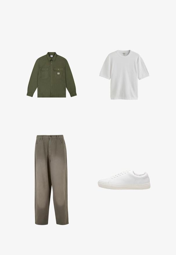 Lee WORKWEAR - Cowboyjakker - oak moss; Hvid kortærmet T-shirt med rund halsudskæring, vist mod en hvid baggrund.; Lys grønne, vide bukser lavet af blødt stof. Har en knaplukning, forlommer og en glat overflate.; Hvide lædersneakers med en glat overflade, rund tå, snørebåndslukning og flad gummisål. Minimalistisk design uden synlige mønstre.