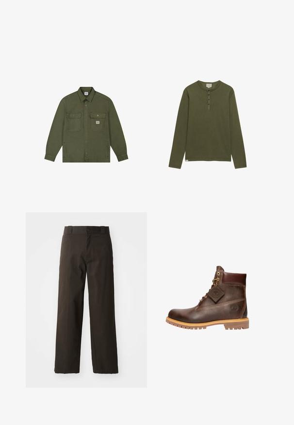 Lee WORKWEAR - Chaqueta vaquera - oak moss; Camisa henley de manga larga en verde oliva con cuatro botones negros y cuello redondo, mostrada sobre un fondo blanco.; Pantalones de algodón negros con un diseño de pierna recta, que cuentan con un cierre de botón y una cinturilla clásica. Textura suave, sin patrones ni acentos.; Botín de cuero marrón hasta el tobillo con punta redonda, suela resistente, herrajes en tono dorado y parte superior texturizada. Incluye una etiqueta con el logo adjunta.